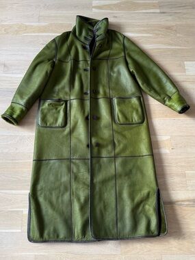 Olive Green Long leather and Shearling Coat